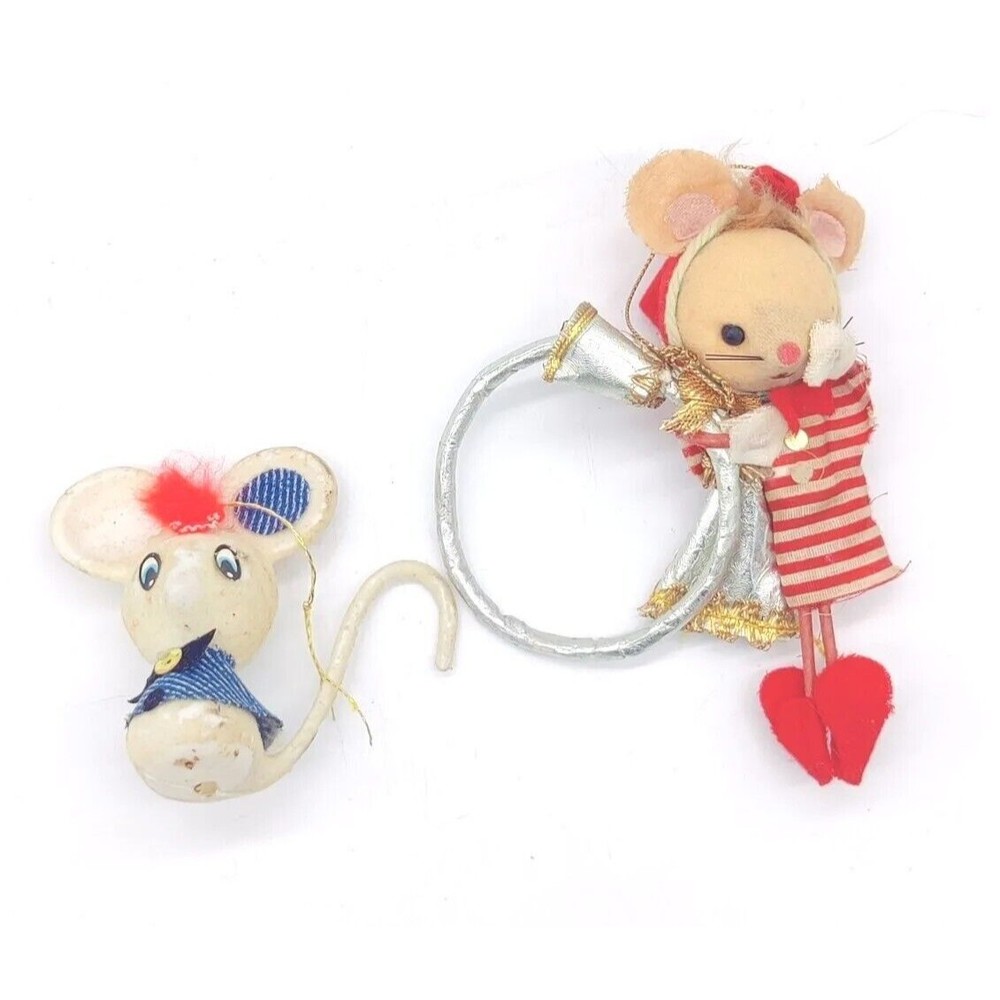 Vintage Christmas Mouse Ornament 2 Flocked Cute Holiday Mid Century? Ornaments